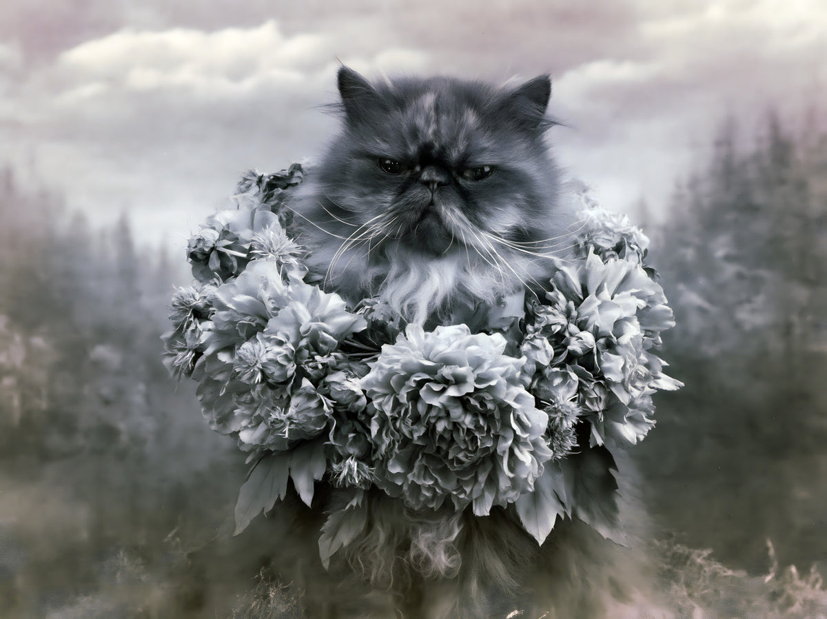 Persian Cat with Floral Wreath Wall Mural in your room — zoomed