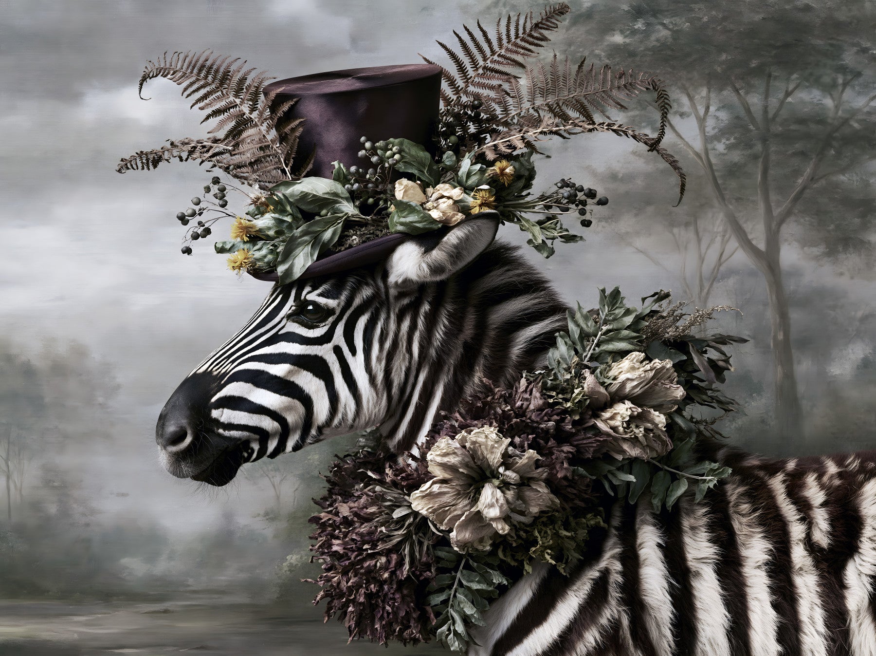 Dapper Zebra in Floral Hat Wall Mural