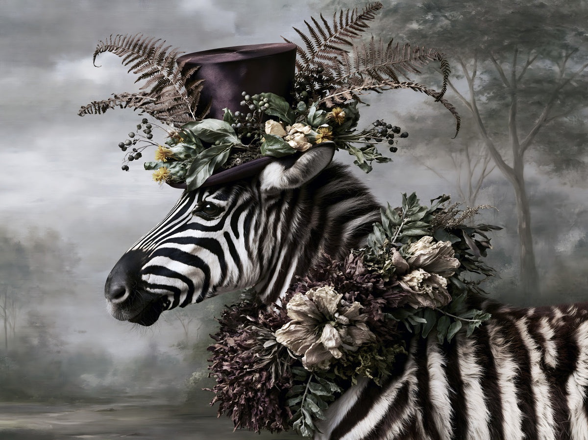 Dapper Zebra in Floral Hat Wall Mural in your room