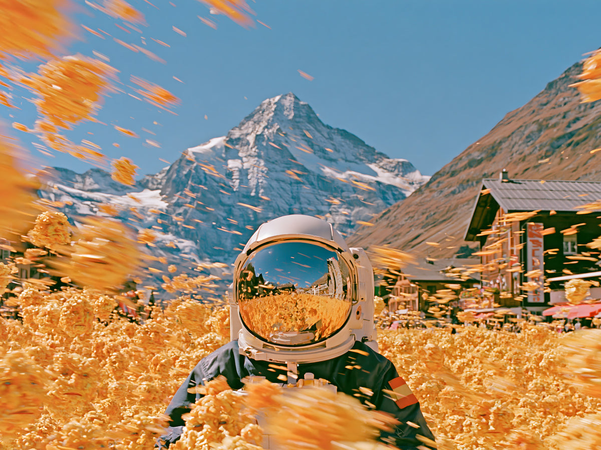 Astronaut Amidst Golden Alpine Blooms Wall Mural in your room