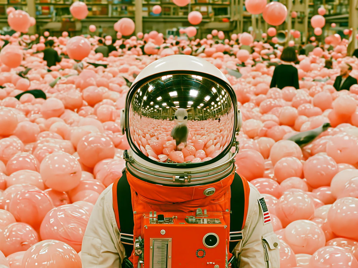 Astronaut in a Sea of Pink Balloons Wall Mural in your room