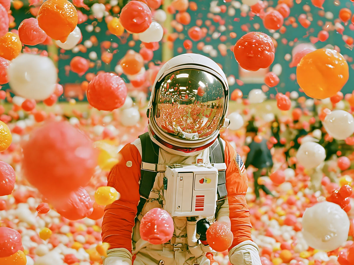 Astronaut Amidst Floating Orbs Wall Mural in your room