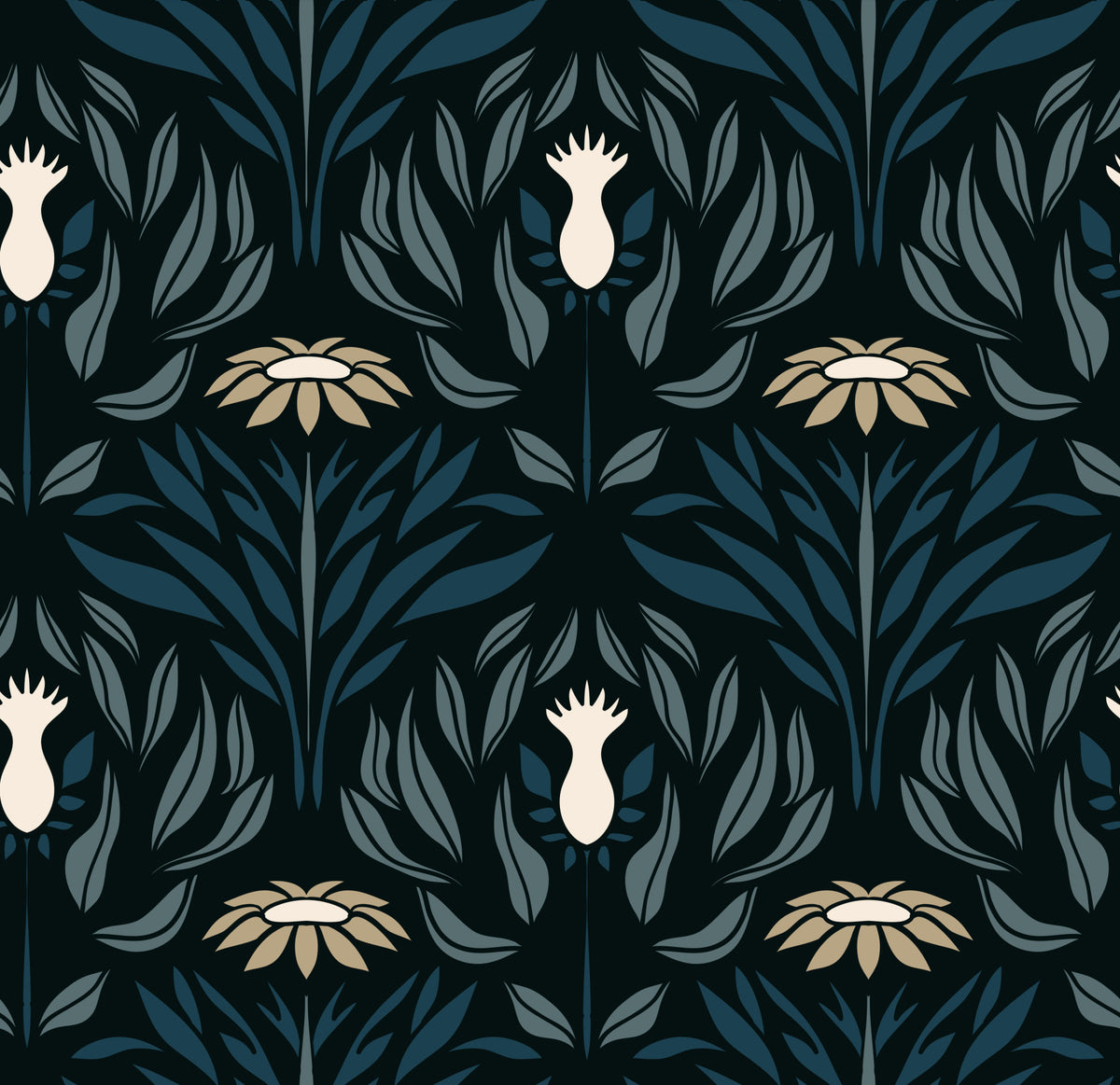 Teal and Cream Floral Symmetry Wallpaper⁠ in your room