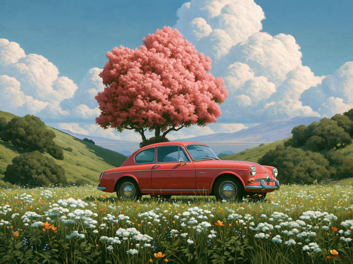 Vintage Red Coupe in Spring Meadow Wall Mural in your room