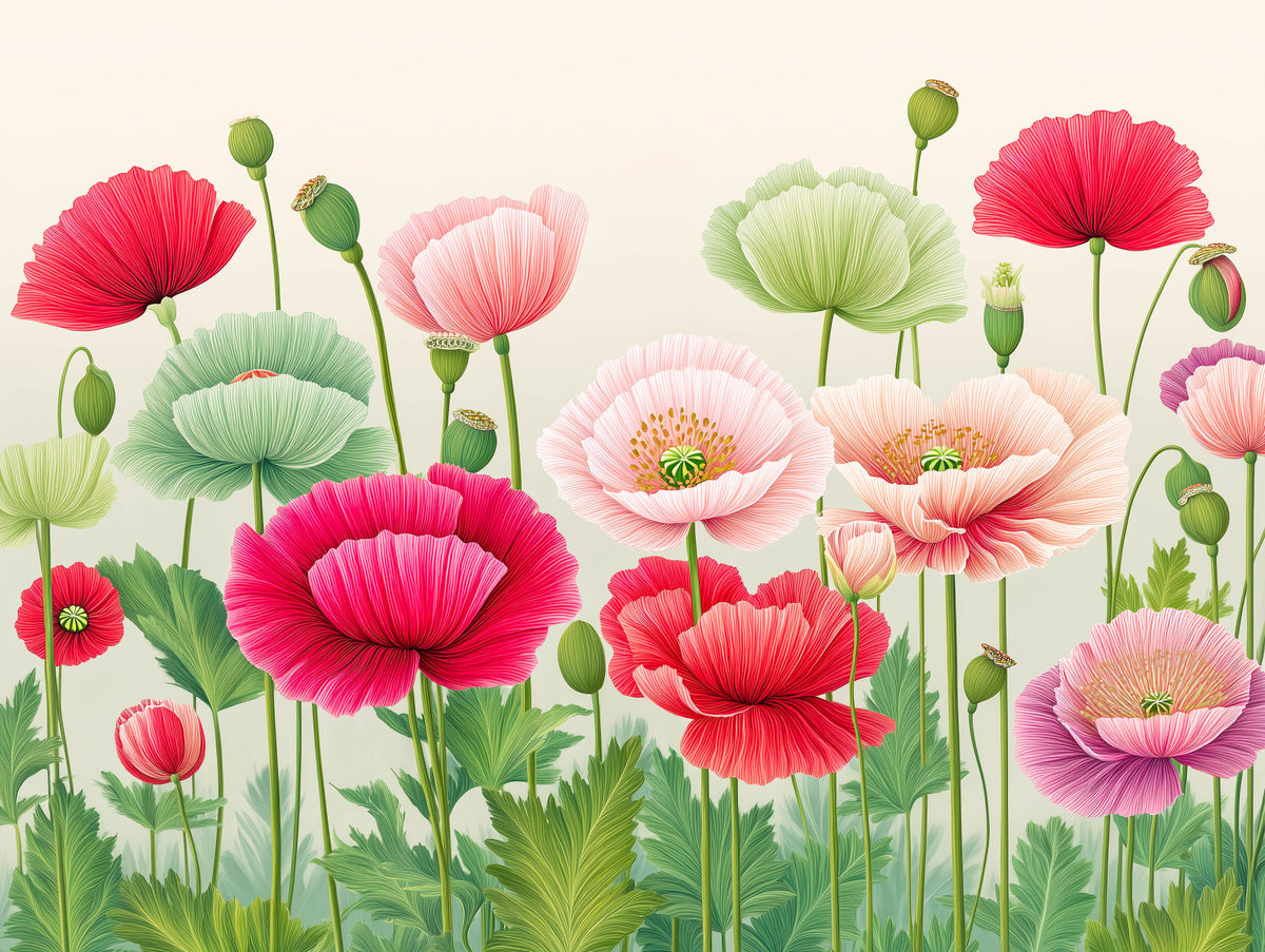 Ethereal Poppy Field Meadow Wall Mural in your room — zoomed
