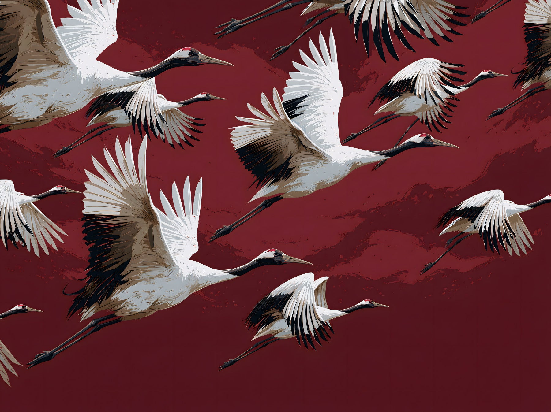 Crimson Flight of Cranes Wall Mural