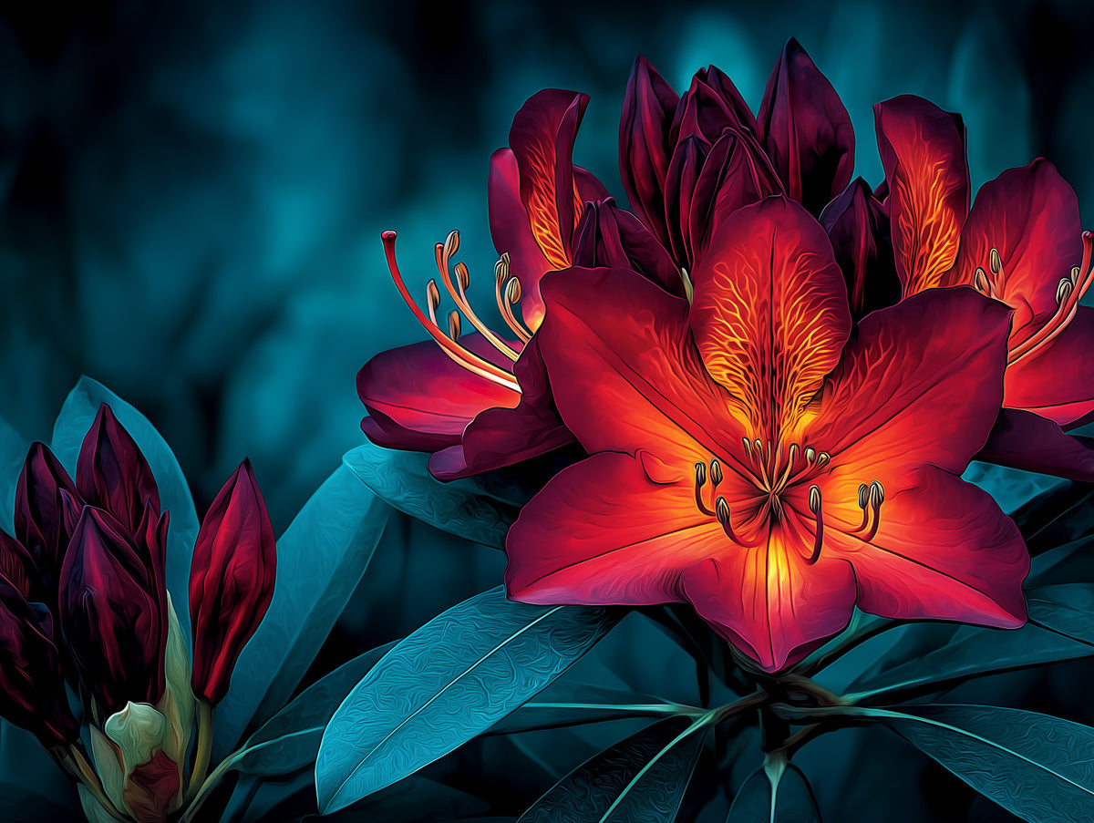 Moody Teal and Crimson Petals Wall Mural in your room — zoomed