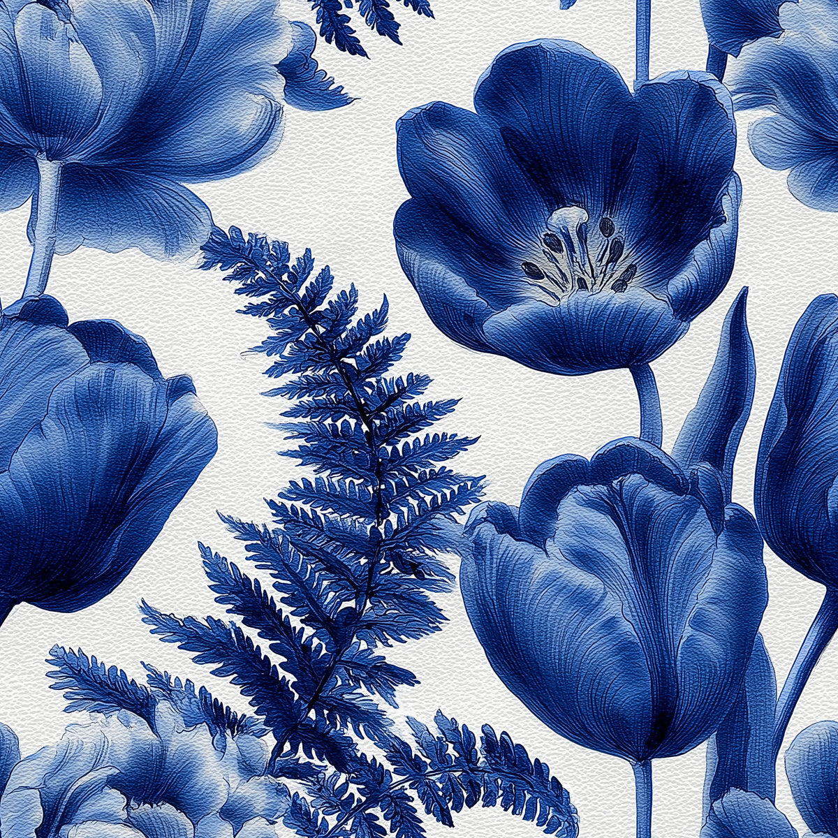 Indigo Botanical Tulip Fern Sketch Wallpaper⁠ in your room — zoomed