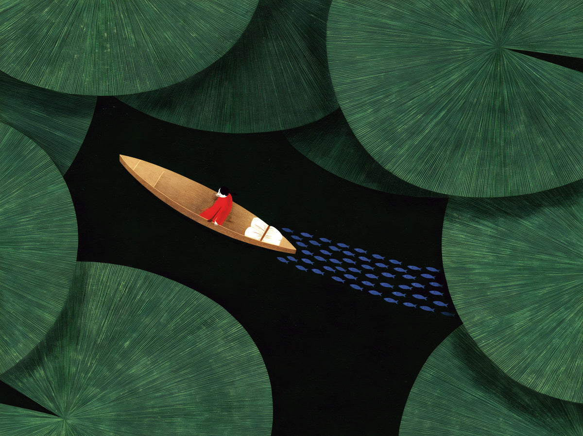 Lone Traveler Amidst Green Lily Pads Wall Mural in your room — zoomed