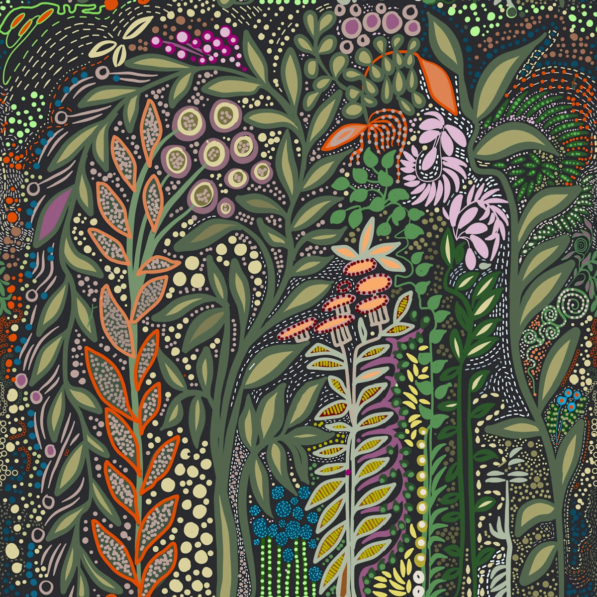 Dark Botanical Meadow Tapestry Wallpaper⁠ in your room — zoomed