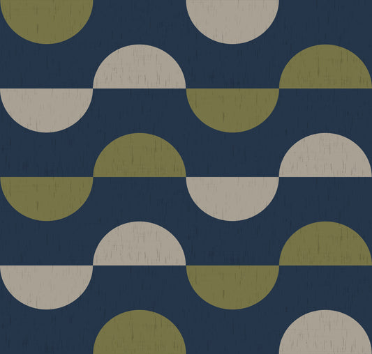 Navy and Olive Half Moon Wallpaper Retro Mid Century Modern Wallpaper⁠
