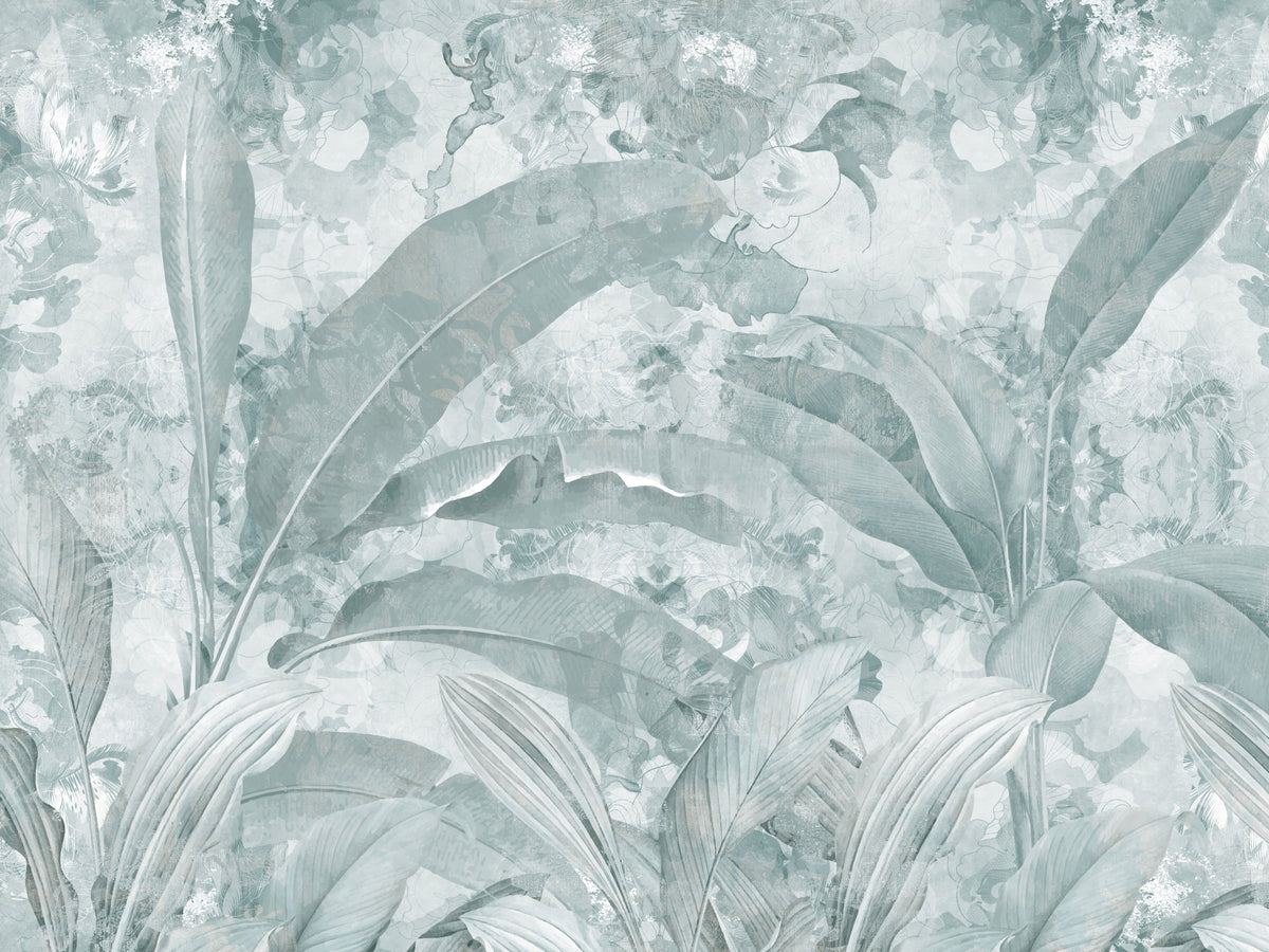 Ocean Aqua Tropical Leaves Wall Mural Wall Mural in your room — zoomed