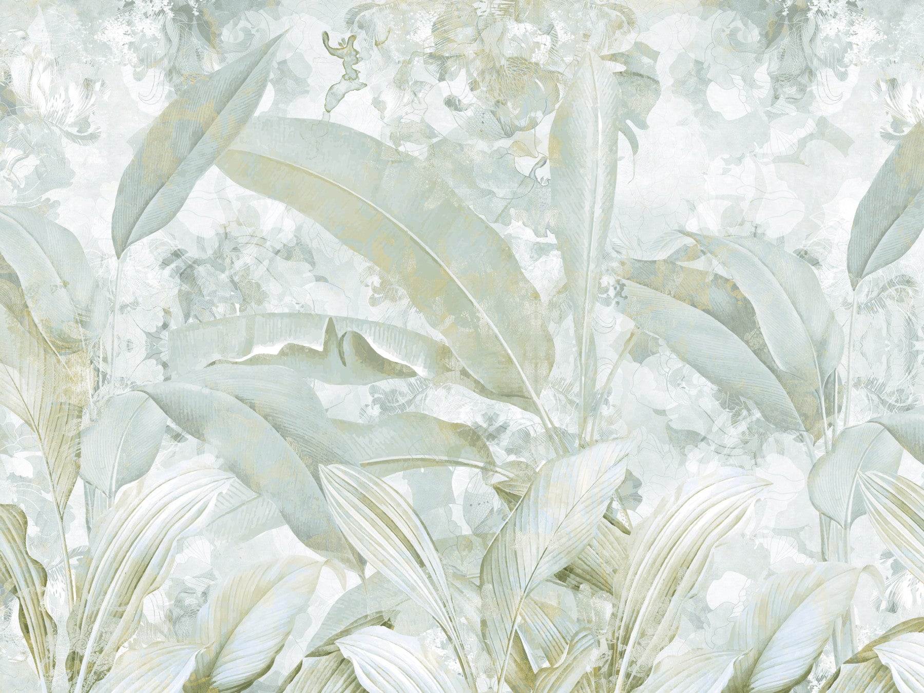 Sage Green Gold Tropical Botanical Leaf Wall Mural Wall Mural