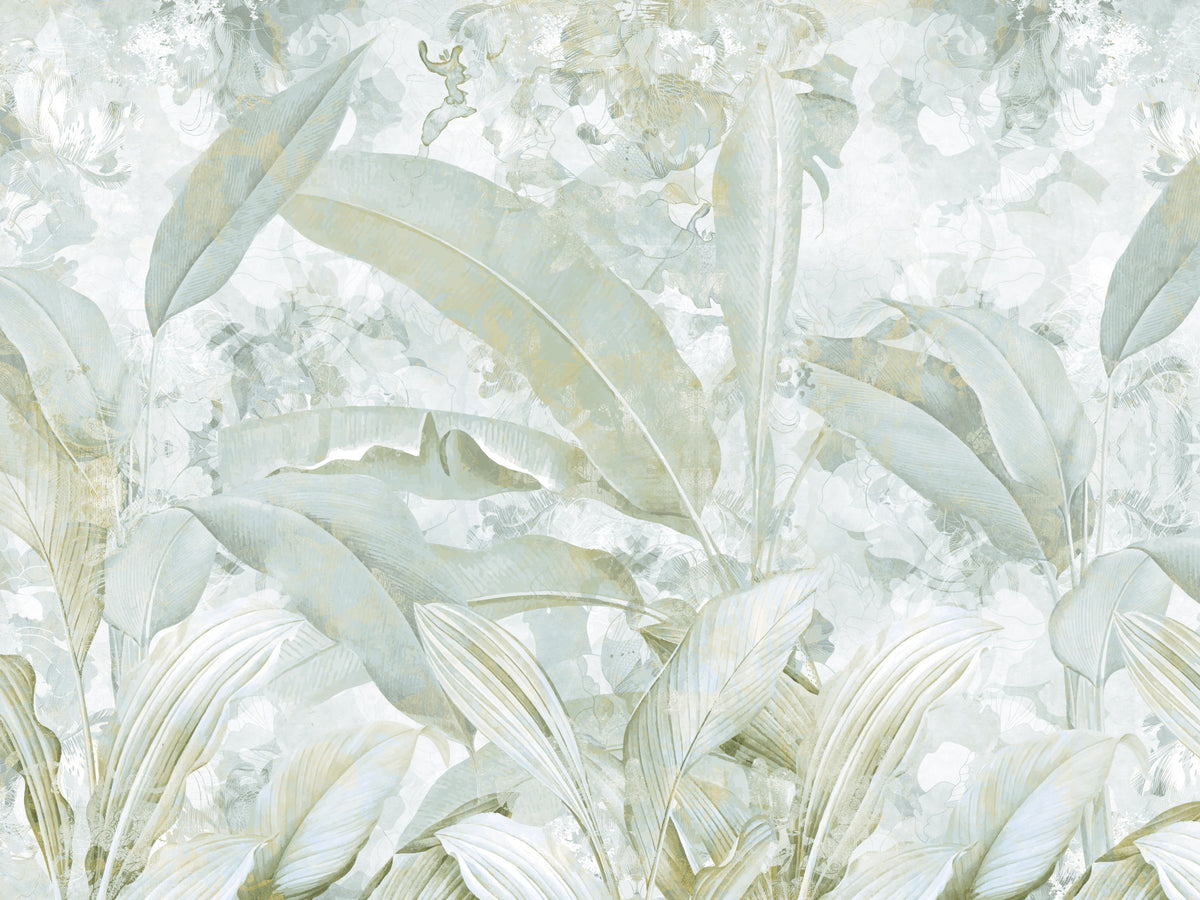 Sage Green Gold Tropical Botanical Leaf Wall Mural Wall Mural