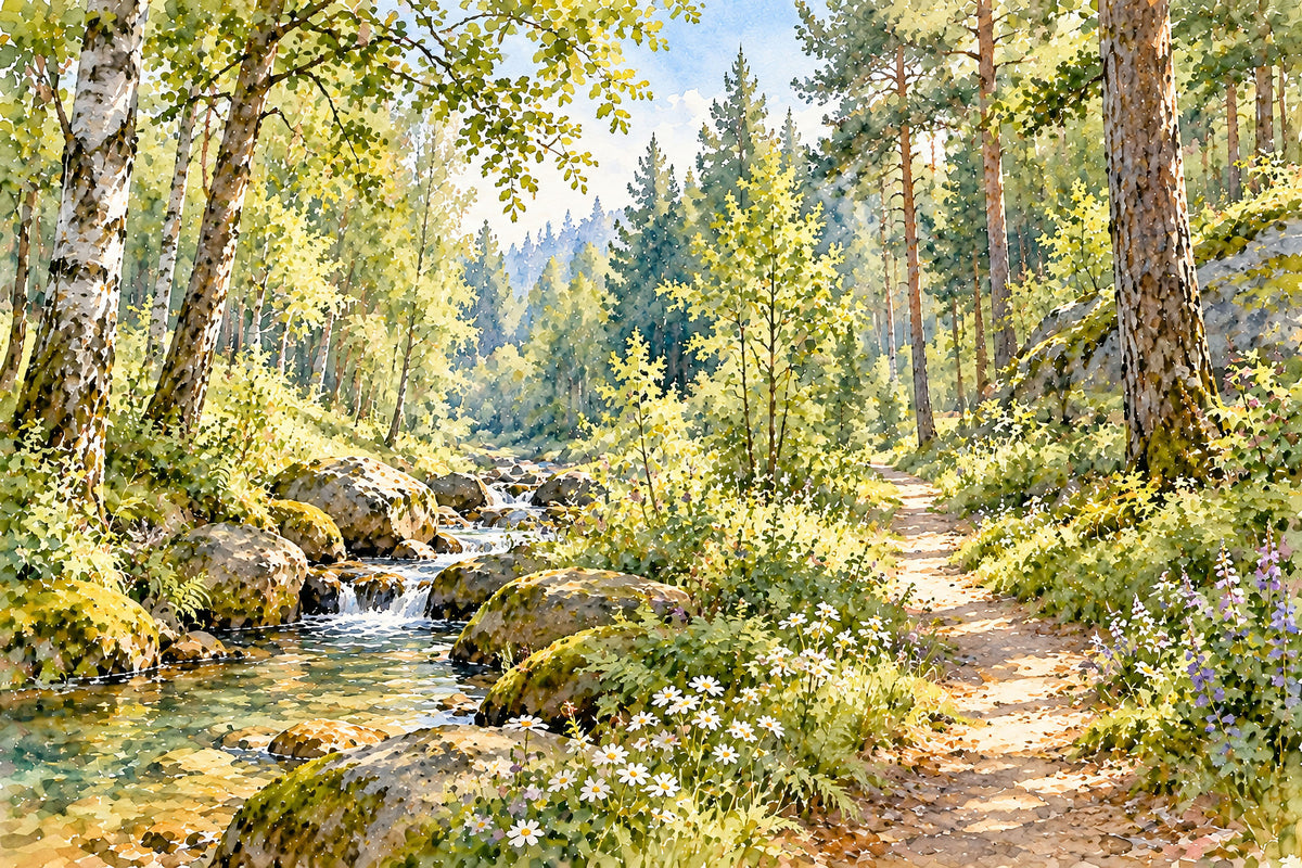 Sunlit Forest Stream Meadow Wall Mural in your room