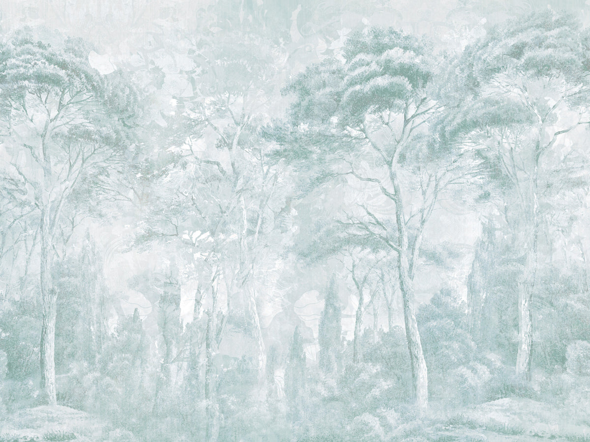 Sage Duck Egg Misty Forest Landscape Wall Mural Wall Mural in your room — zoomed