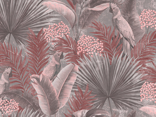 Muted Pink Cockatoo Tropical Foliage Wall Mural