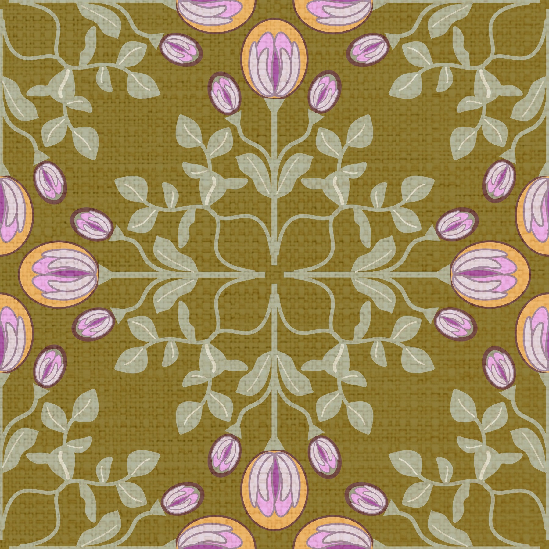 Symmetric Floral Renaissance on Olive Green Wallpaper⁠