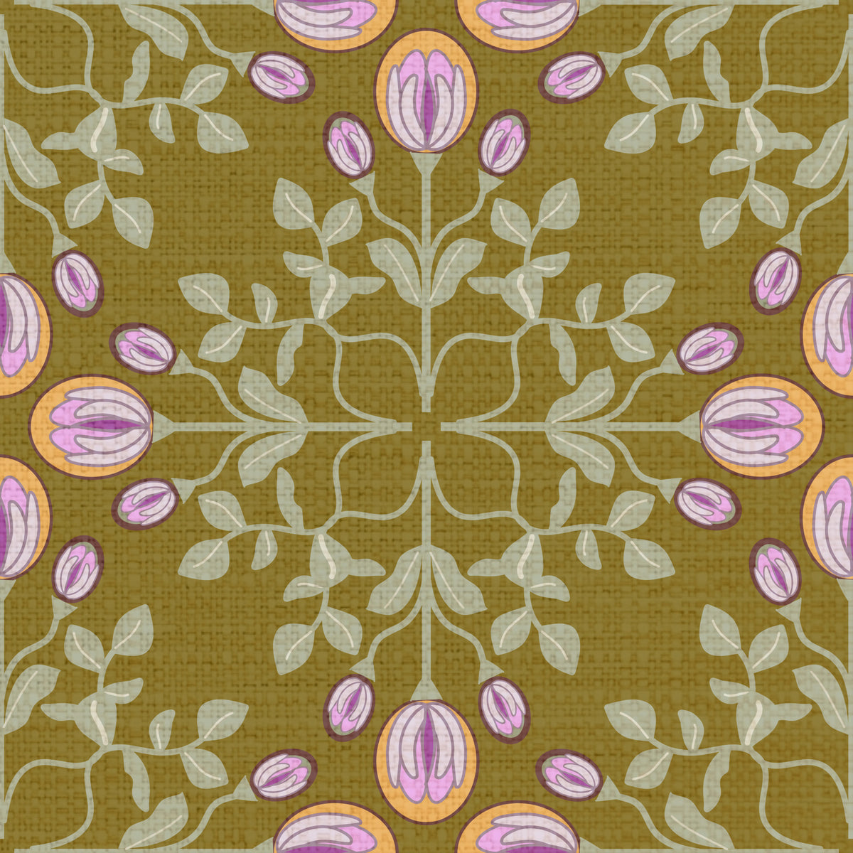 Symmetric Floral Renaissance on Olive Green Wallpaper⁠ in your room
