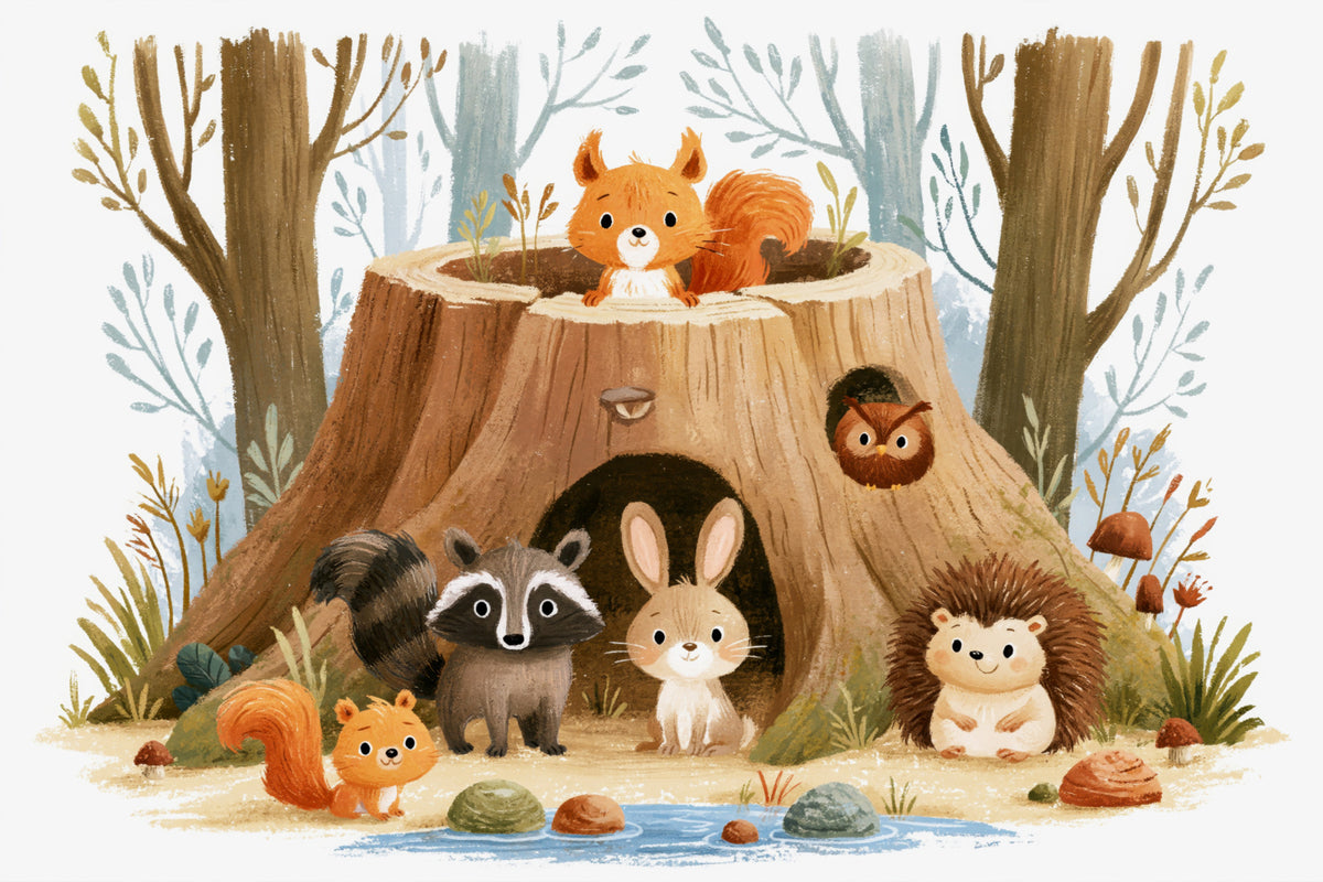 Forest Friends Tree Stump Scene Wall Mural in your room — zoomed