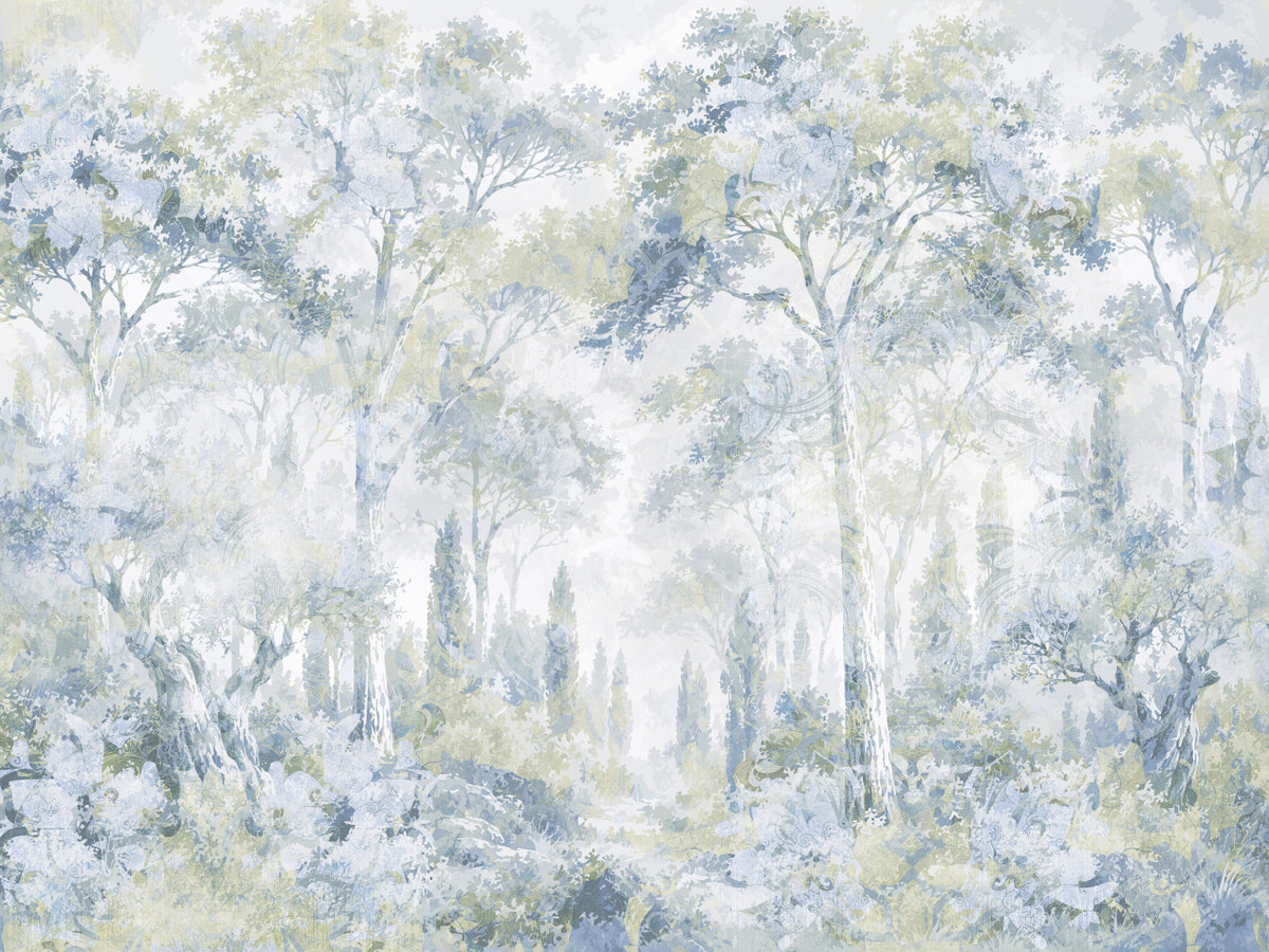 Misty Icy Blue Tuscan Forest Path wall mural in your room — zoomed