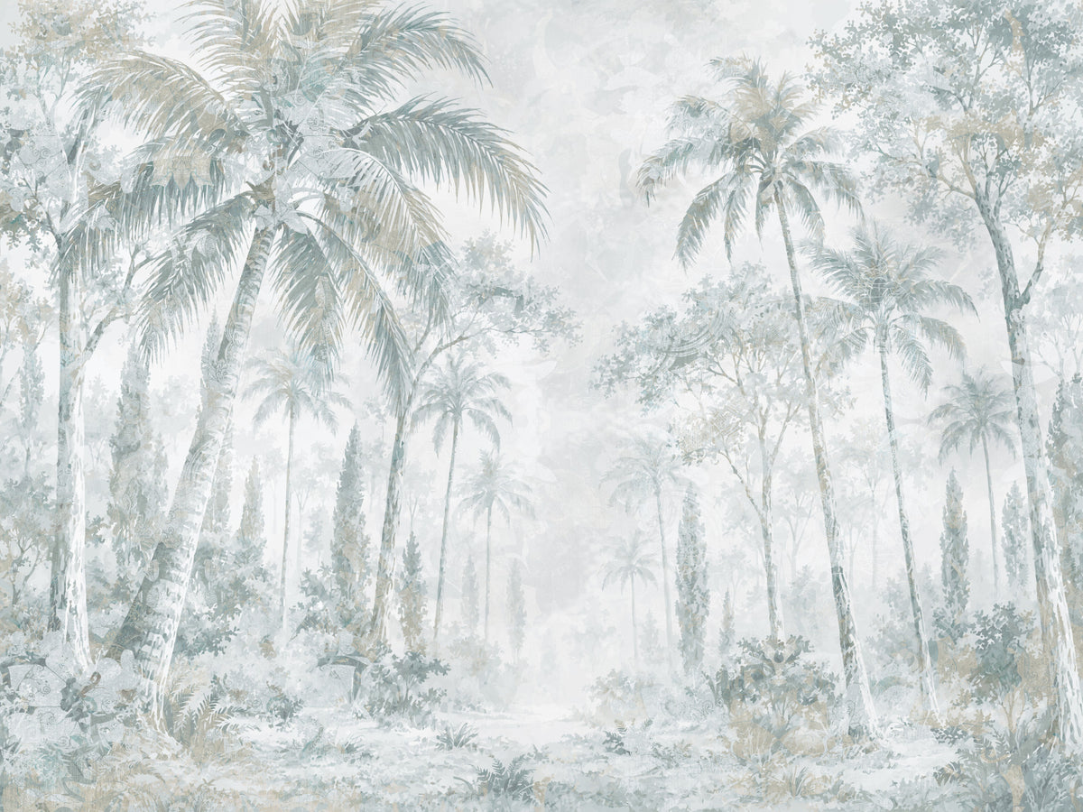 Misty Blue Jungle Path Wall Mural in your room — zoomed