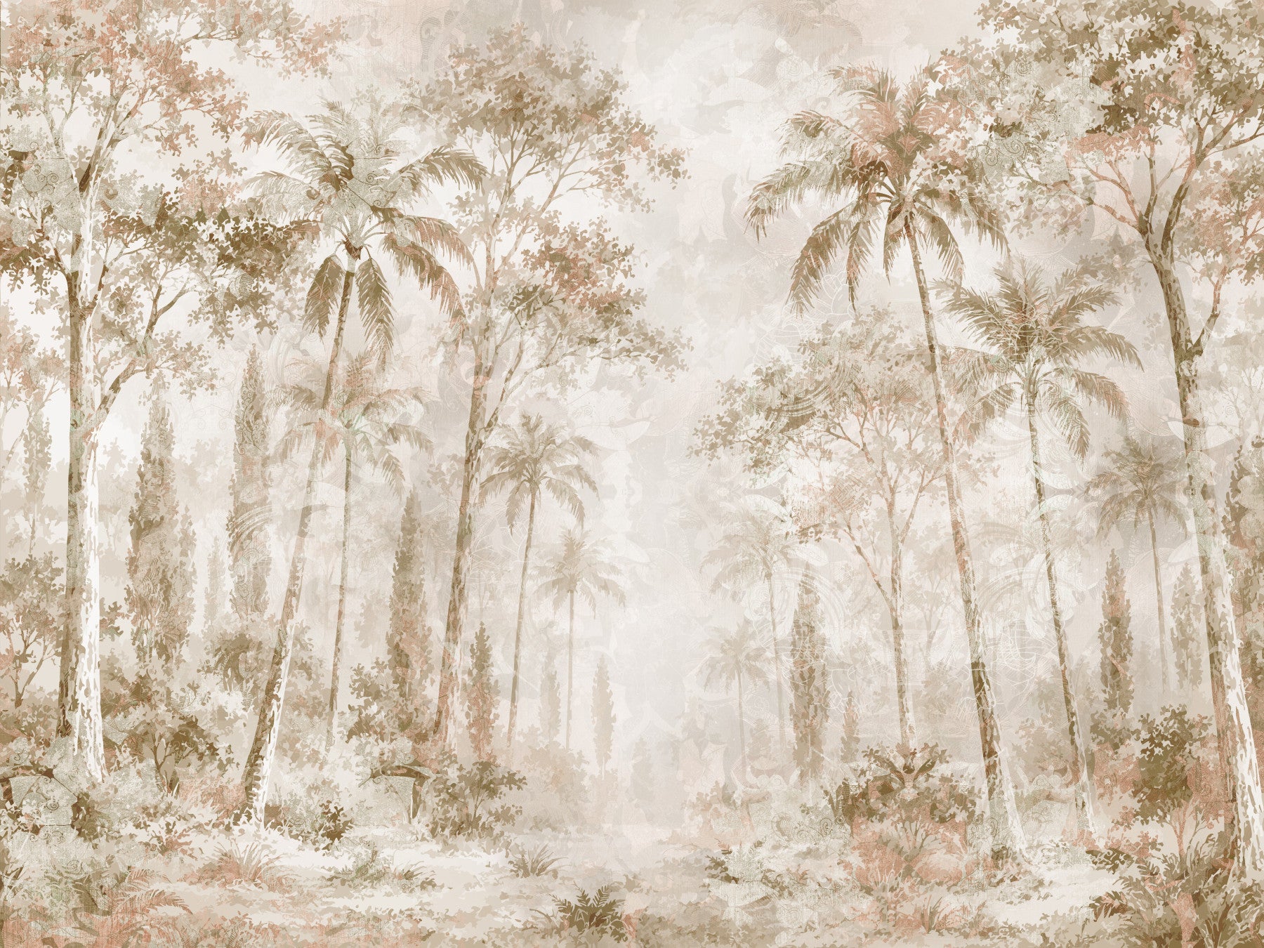 Jungle wallpaper behind a green velvet sofa and cream lounge chair GD14184