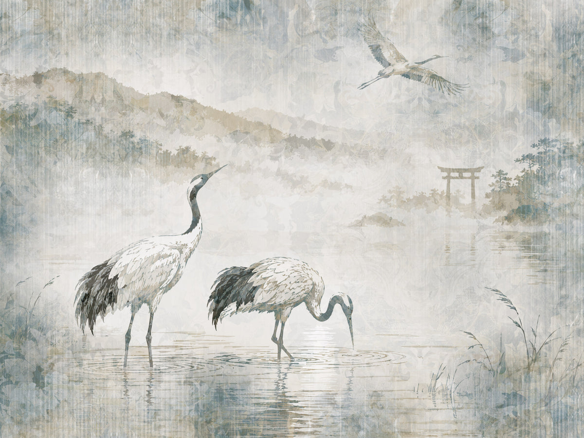 Serene Japanese Landscape & Crane Mural Wall Mural in your room — zoomed