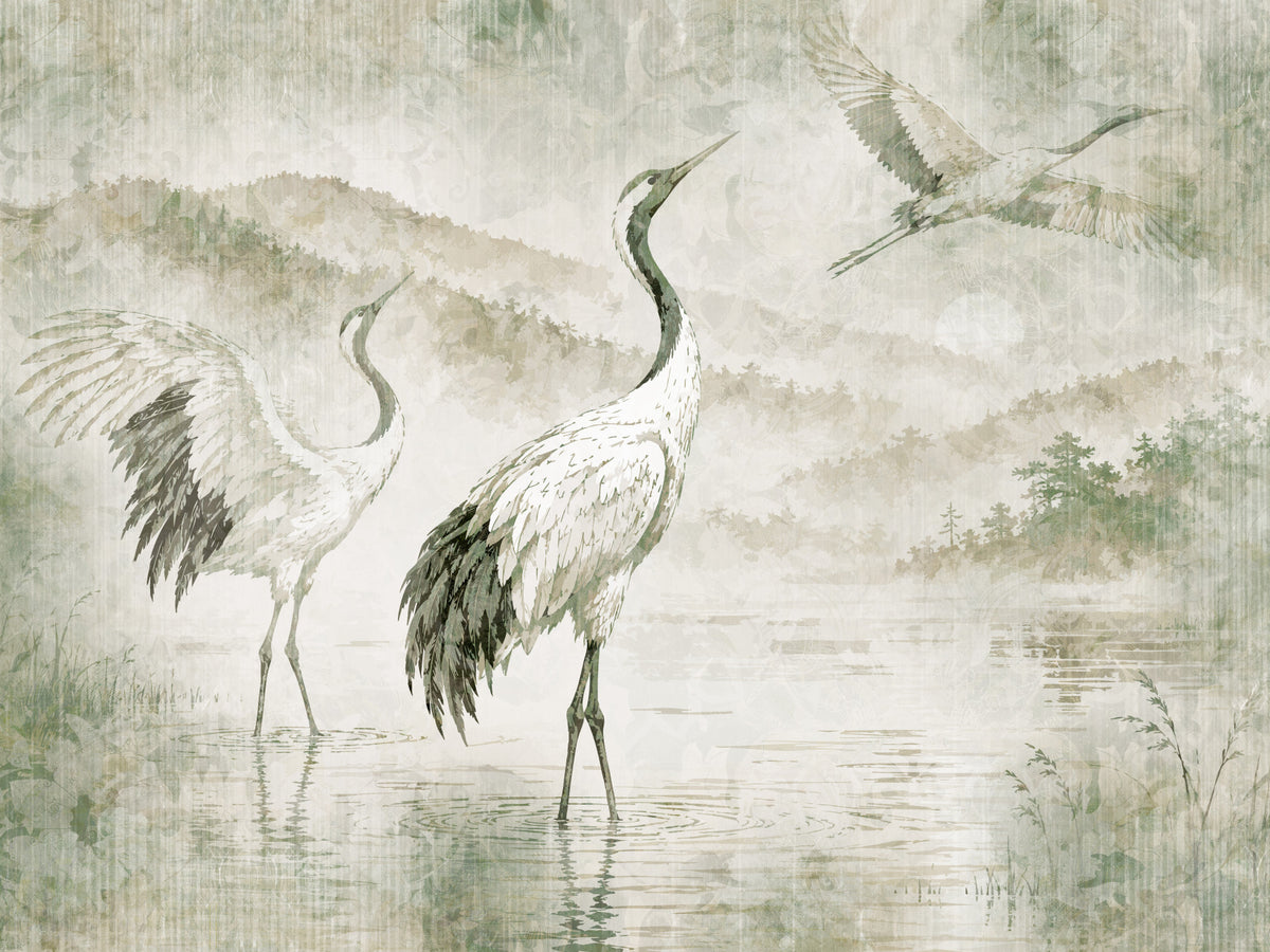 Nature's Fusion Japanese Cranes Mural Wall Mural in your room