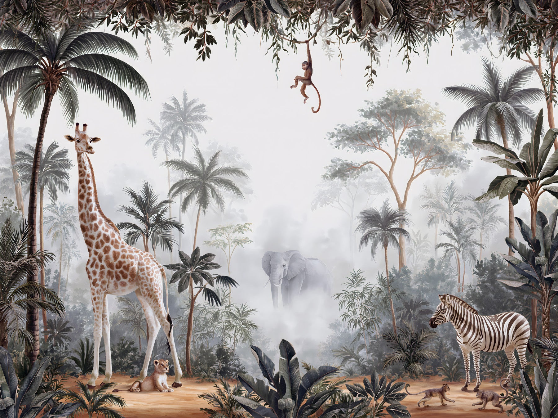 Misty Tropical Safari Wildlife Wall Mural