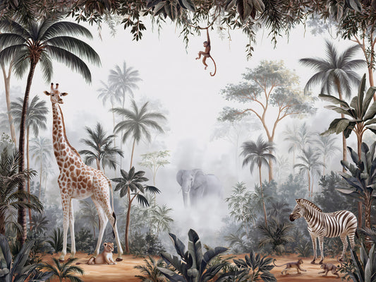 Misty Tropical Safari Wildlife Wall Mural