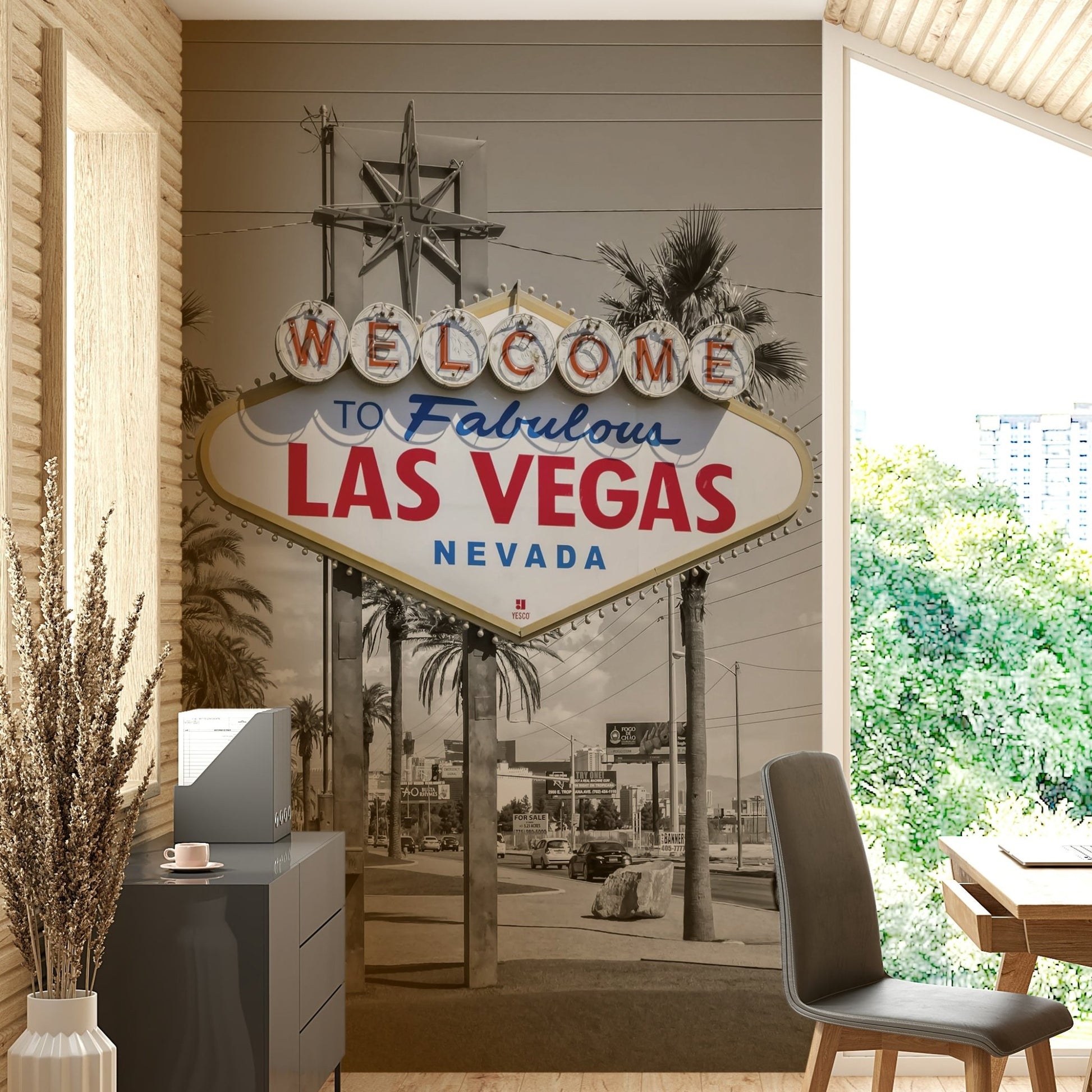 Urban-inspired Las Vegas neon sign mural wallpaper

