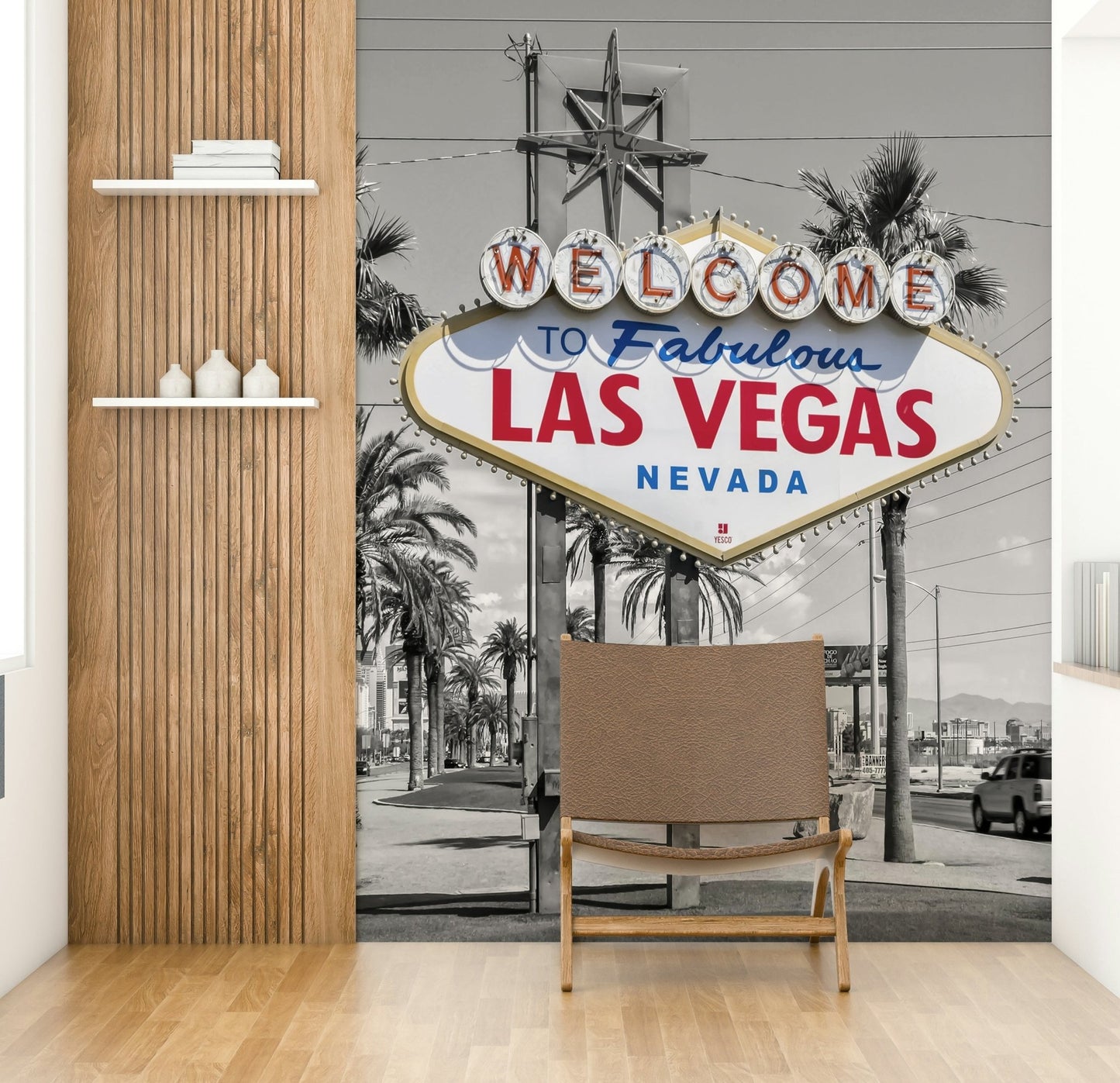 Iconic LAS VEGAS sign mural in bright colors

