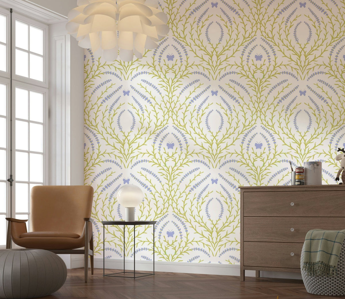 Lavender Field with Butterflies Wallpaper – Decorative mural featuring vibrant lavender blooms and whimsical butterflies.