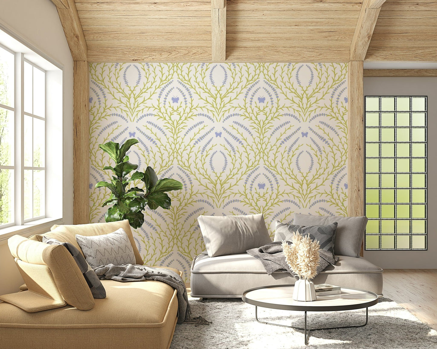 Whimsical Lavender and Butterfly Wall Mural – Peaceful floral wallpaper with blooming lavender and delicate butterflies in flight.