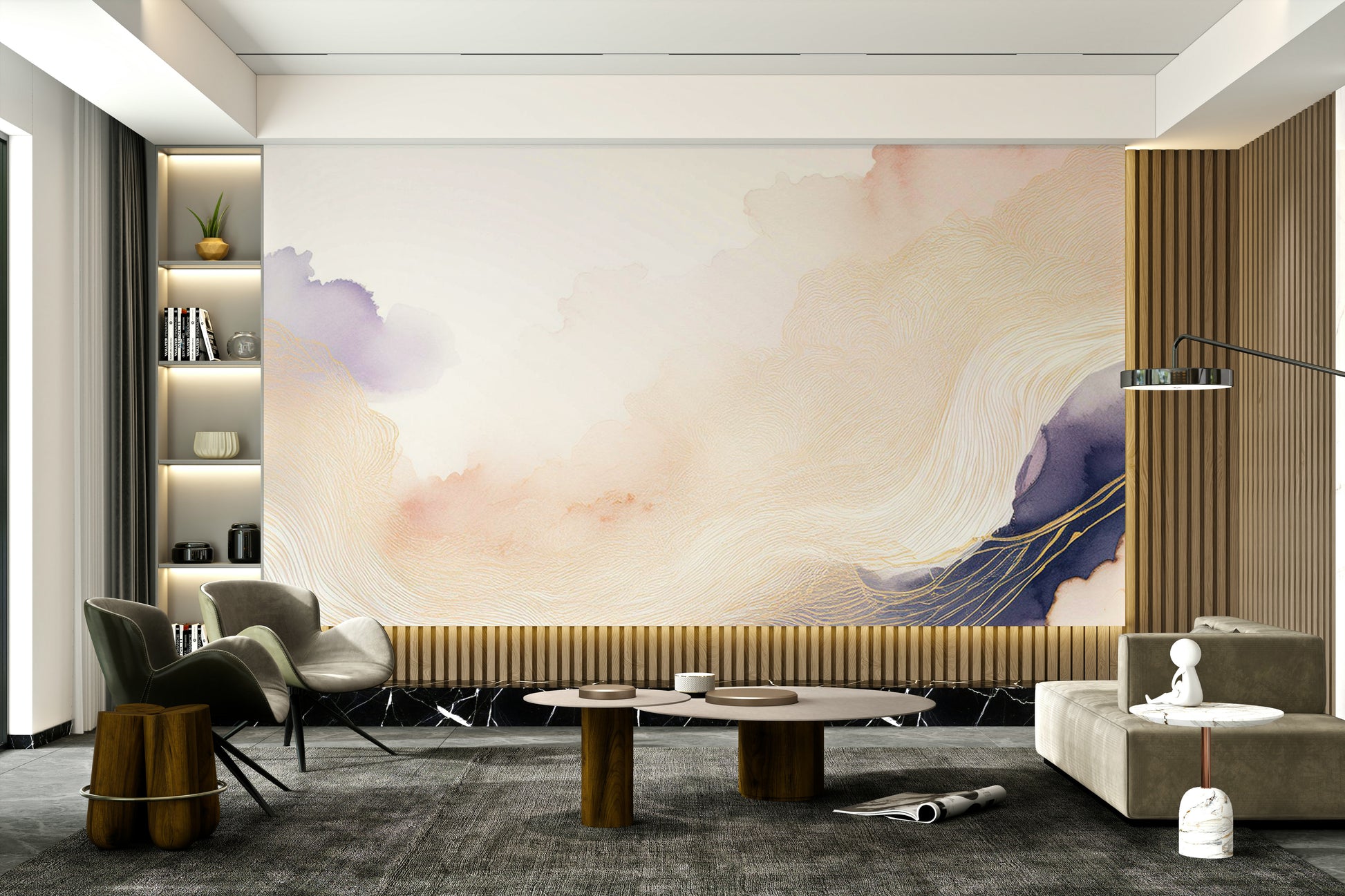 Abstract lavender cloud shapes in a bright, airy apartment.