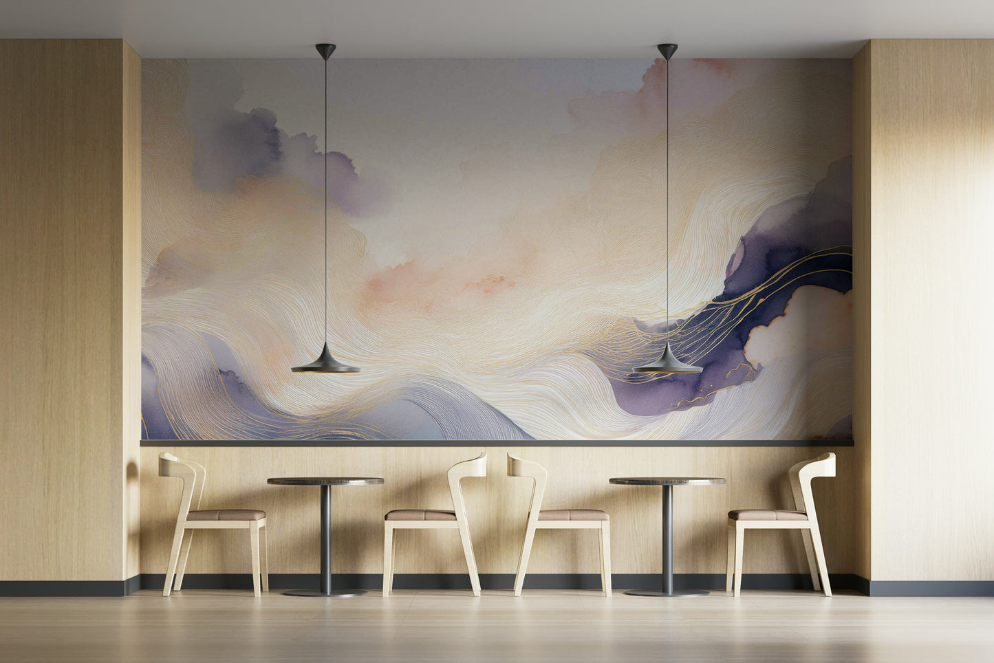 Wispy lilac cloud patterns on a large living room feature wall.