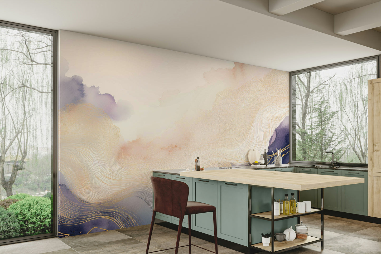 Lavender Cloud Forms Wall Mural paired with light wood furniture.
