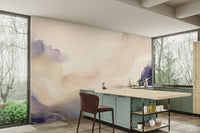 Lavender Cloud Forms Wall Mural paired with light wood furniture.