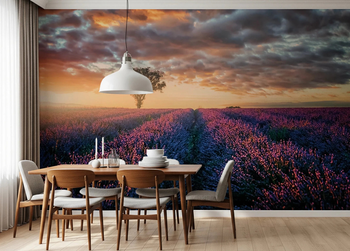Dining space styled with scenic sunrise view
