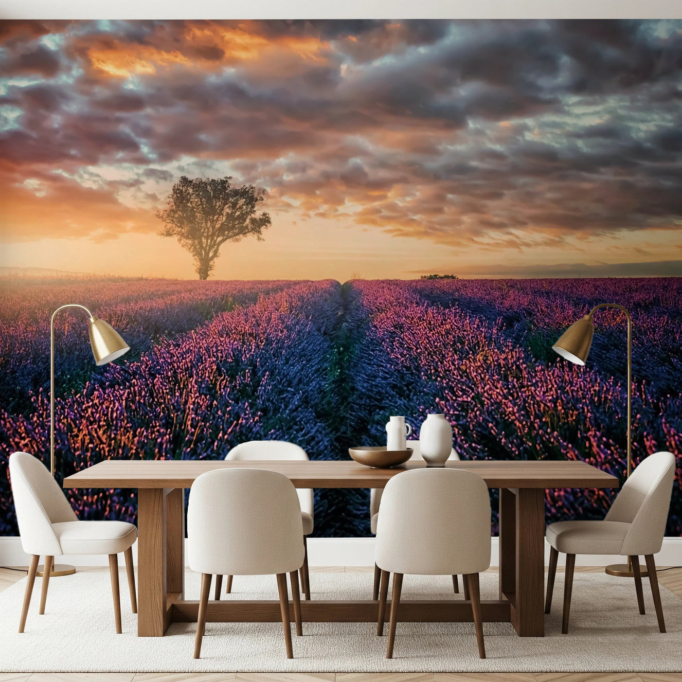 Sunrise over lavender fields wall mural behind white sofa