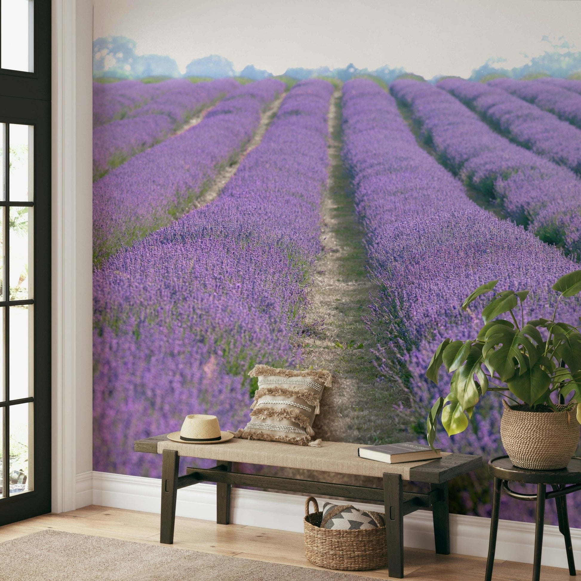 Mural wallpaper evoking a dreamlike atmosphere with lavender

