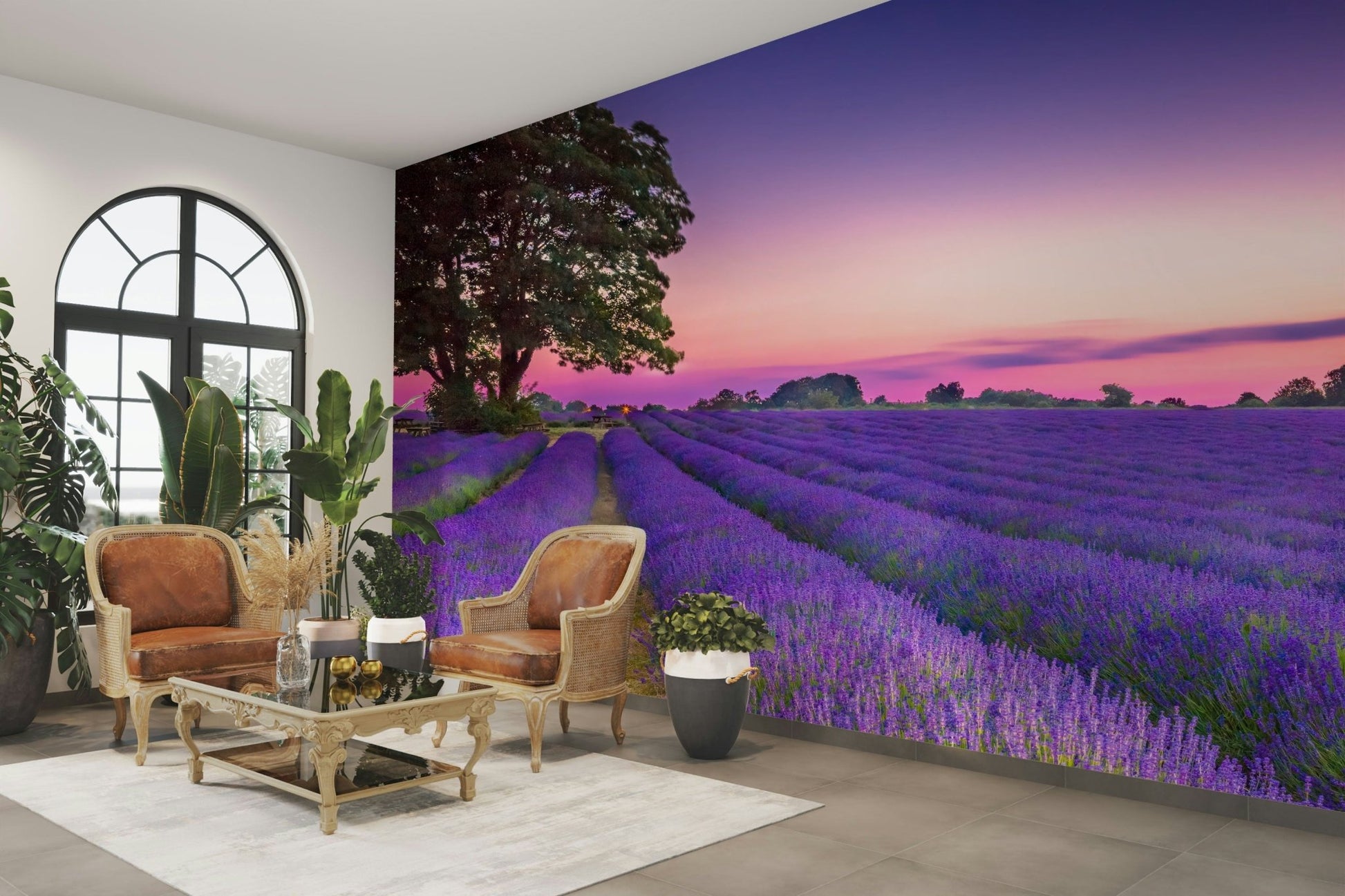 Lavender flowers glowing in golden sunset light mural wallpaper.

