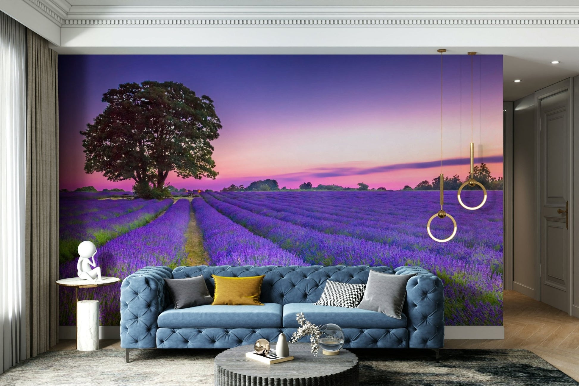 Golden hour sunset over a blooming lavender field wall mural.

