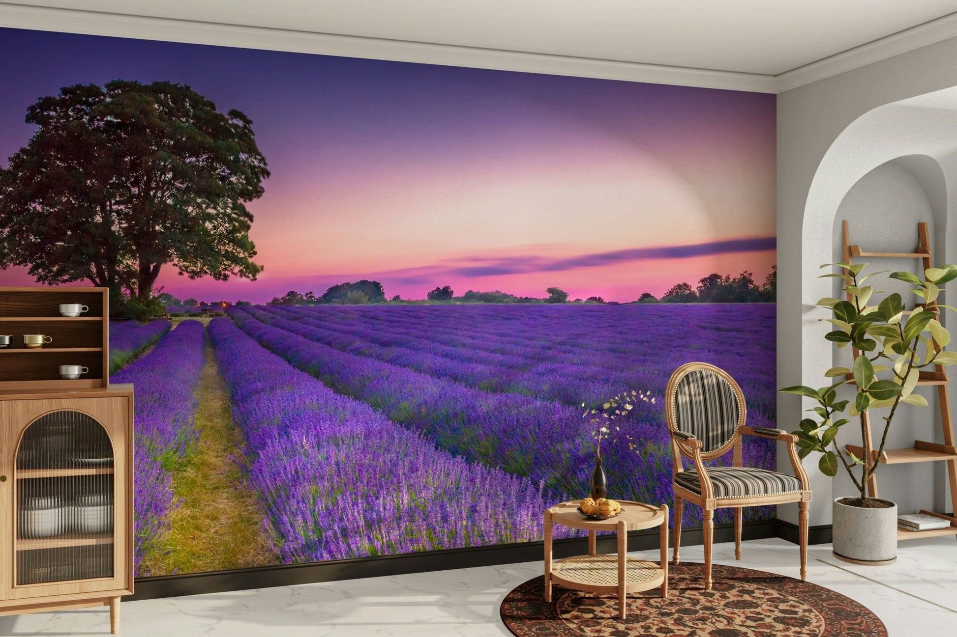 Lavender field mural with golden tones creating a calm room.


