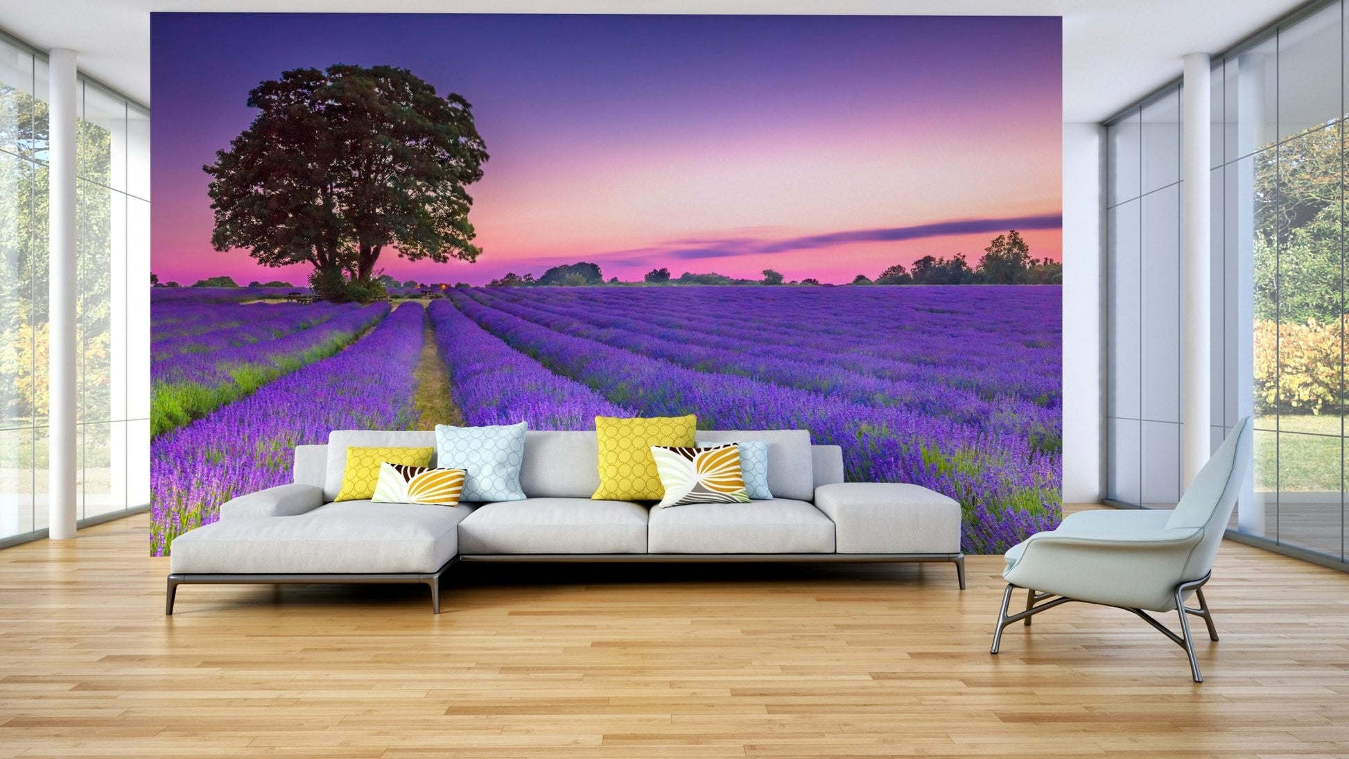 Peaceful lavender field mural capturing golden sunset light.


