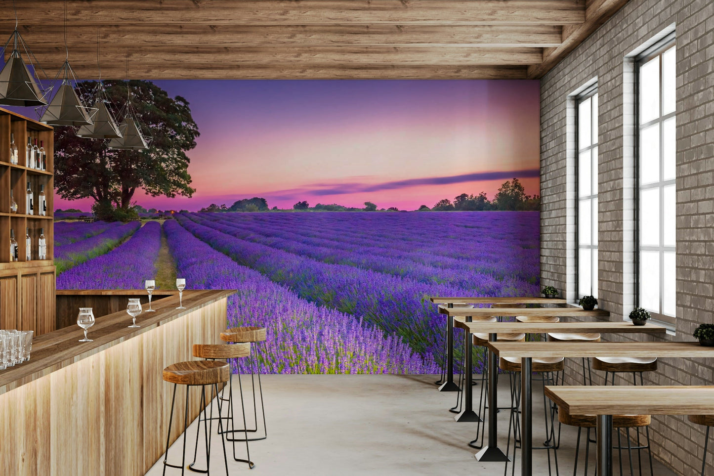 Serene lavender field mural with warm golden hues from sunset.

