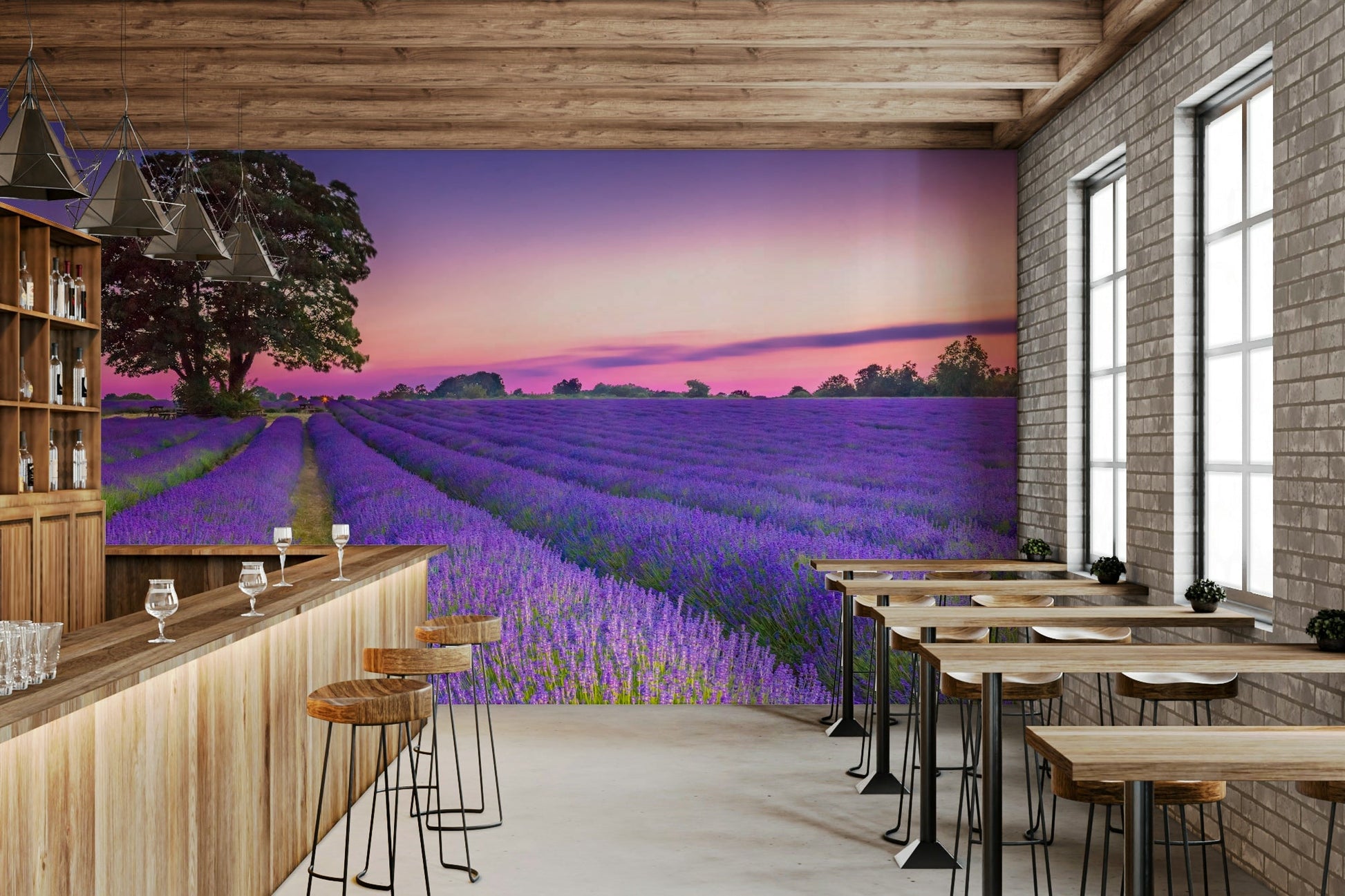 Serene lavender field mural with warm golden hues from sunset.

