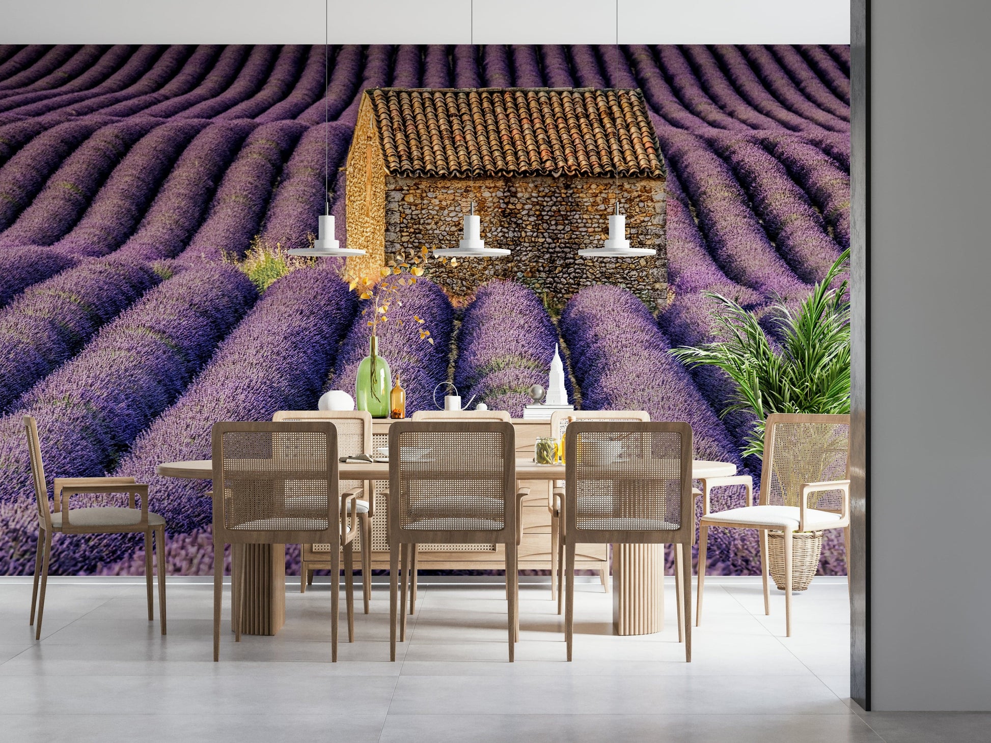 Lavender Haven wall covering featuring endless purple blooms and gentle sky tones.