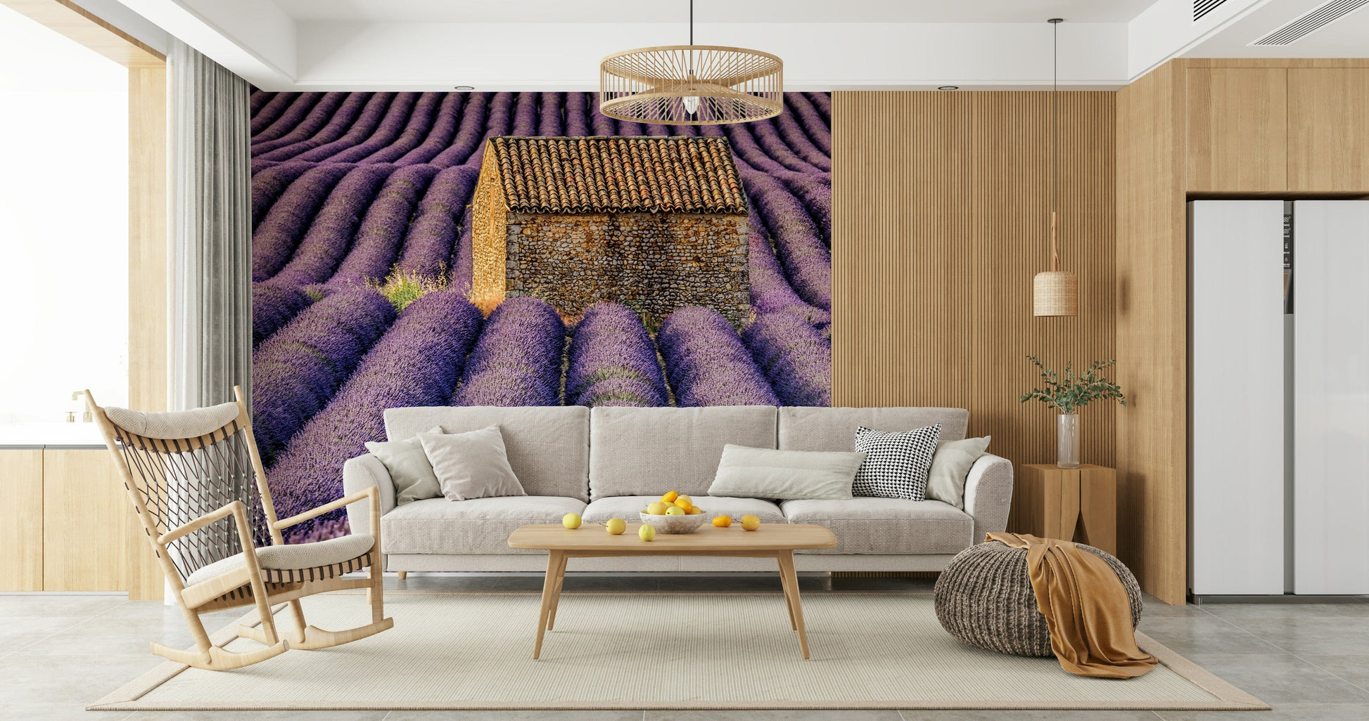 Scenic lavender mural evoking peaceful countryside charm and soft pastel colors.